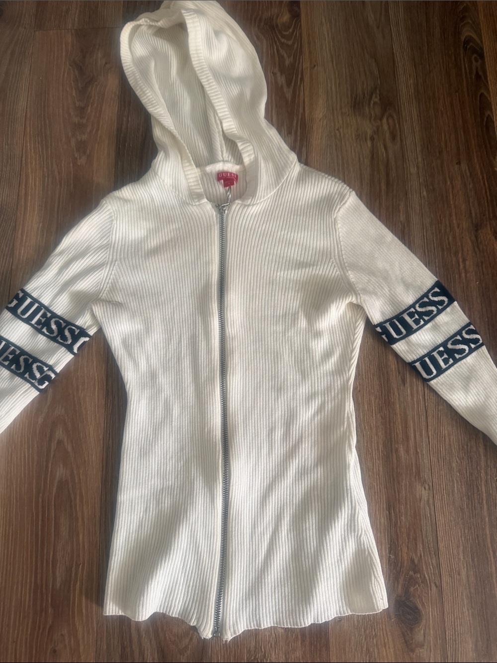 Guess White Ribbed Zip-Up Hoodie with black Logo Stripes